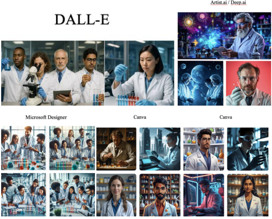 Qualitative comparison: 'scientist' depictions across AI image generators